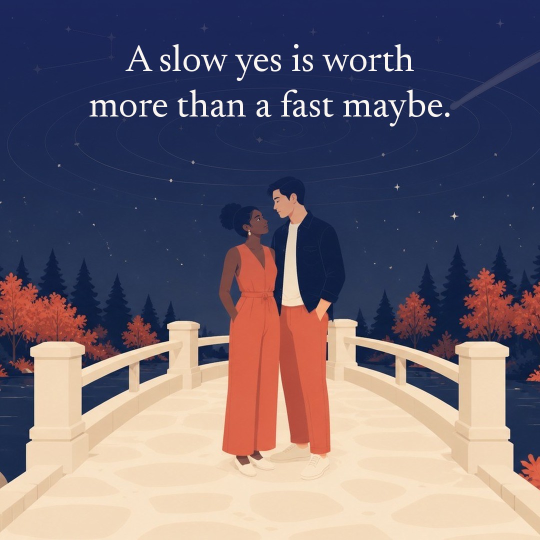 “A slow yes is worth more than a fast maybe.” A couple, two adults standing on a footbridge over a quiet creek in a wooded park at night, beneath a vast star field, delicate constellation lines, faint concentric orbital rings and one long comet arc across a deep navy night sky, with a crescent moon low at one side.