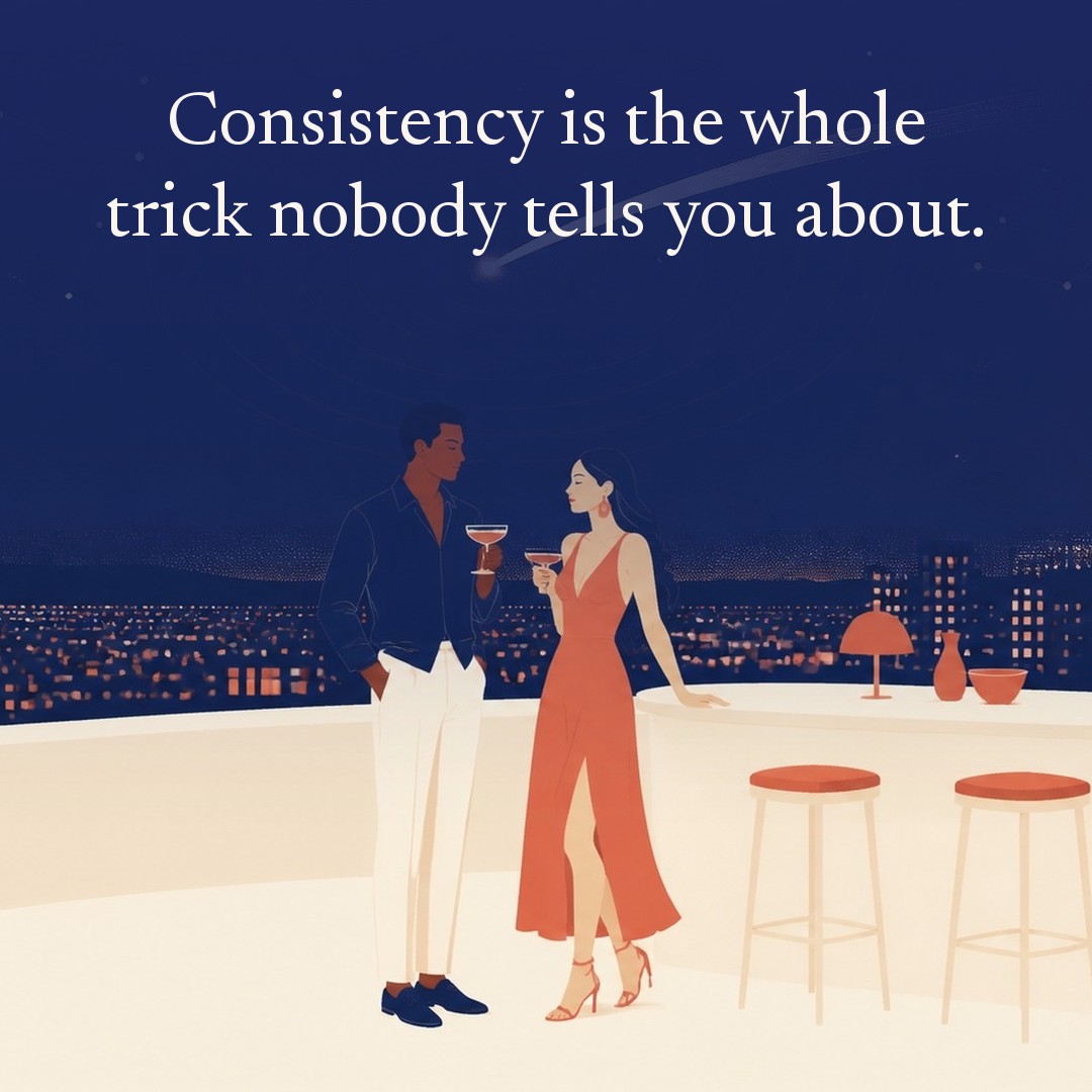 “Consistency is the whole trick nobody tells you about.” A couple, two adults at a rooftop bar's edge, city lights spread below at night, beneath a vast star field, delicate constellation lines, faint concentric orbital rings and one long comet arc across a deep navy night sky, with a crescent moon low at one side.