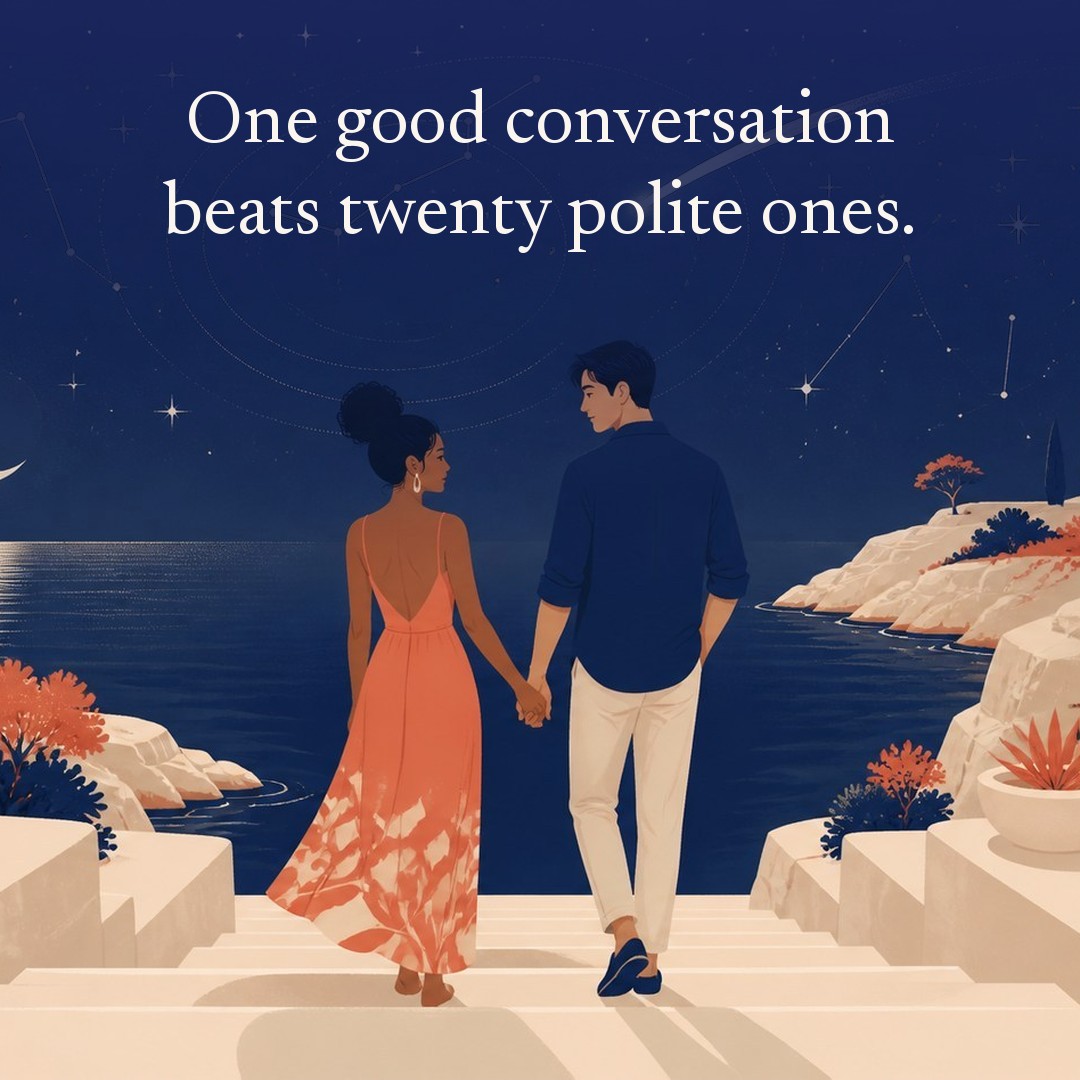 “One good conversation beats twenty polite ones.” A couple, two adults on stone steps leading down to a moonlit swimming cove at night, beneath a vast star field, delicate constellation lines, faint concentric orbital rings and one long comet arc across a deep navy night sky, with a crescent moon low at one side.