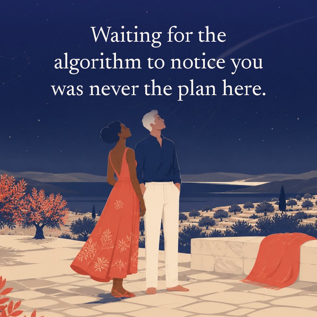 “Waiting for the algorithm to notice you was never the plan here.” A couple, two adults on a hillside olive grove terrace overlooking a valley at night, beneath a vast star field, delicate constellation lines, faint concentric orbital rings and one long comet arc across a deep navy night sky, with a crescent moon low at one side.