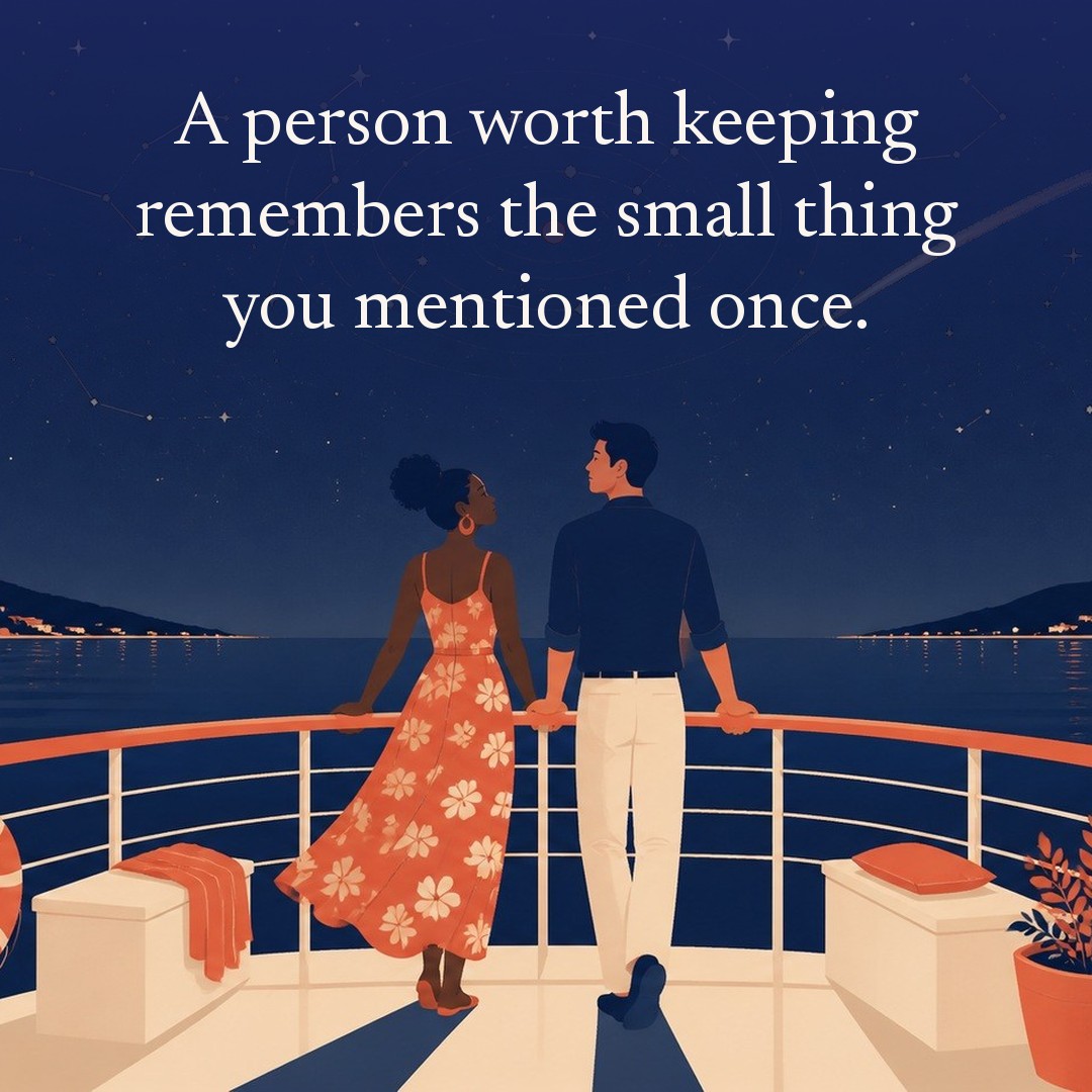 “A person worth keeping remembers the small thing you mentioned once.” A couple, two adults at the railing of a small ferry crossing a calm strait at night, beneath a vast star field, delicate constellation lines, faint concentric orbital rings and one long comet arc across a deep navy night sky, with a crescent moon low at one side.