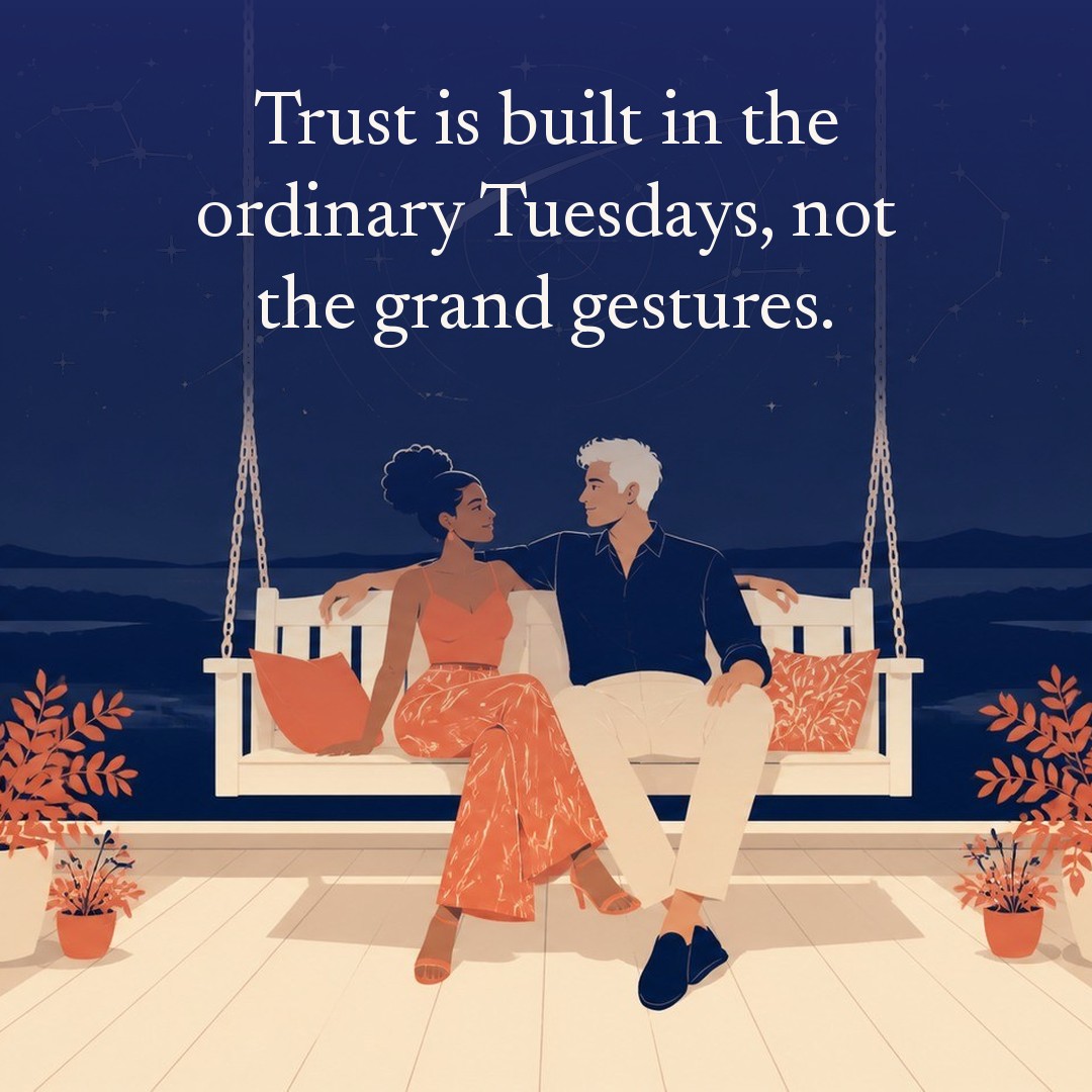 “Trust is built in the ordinary Tuesdays, not the grand gestures.” A couple, two adults on a wooden swing bench on a wraparound porch at night, beneath a vast star field, delicate constellation lines, faint concentric orbital rings and one long comet arc across a deep navy night sky, with a crescent moon low at one side.