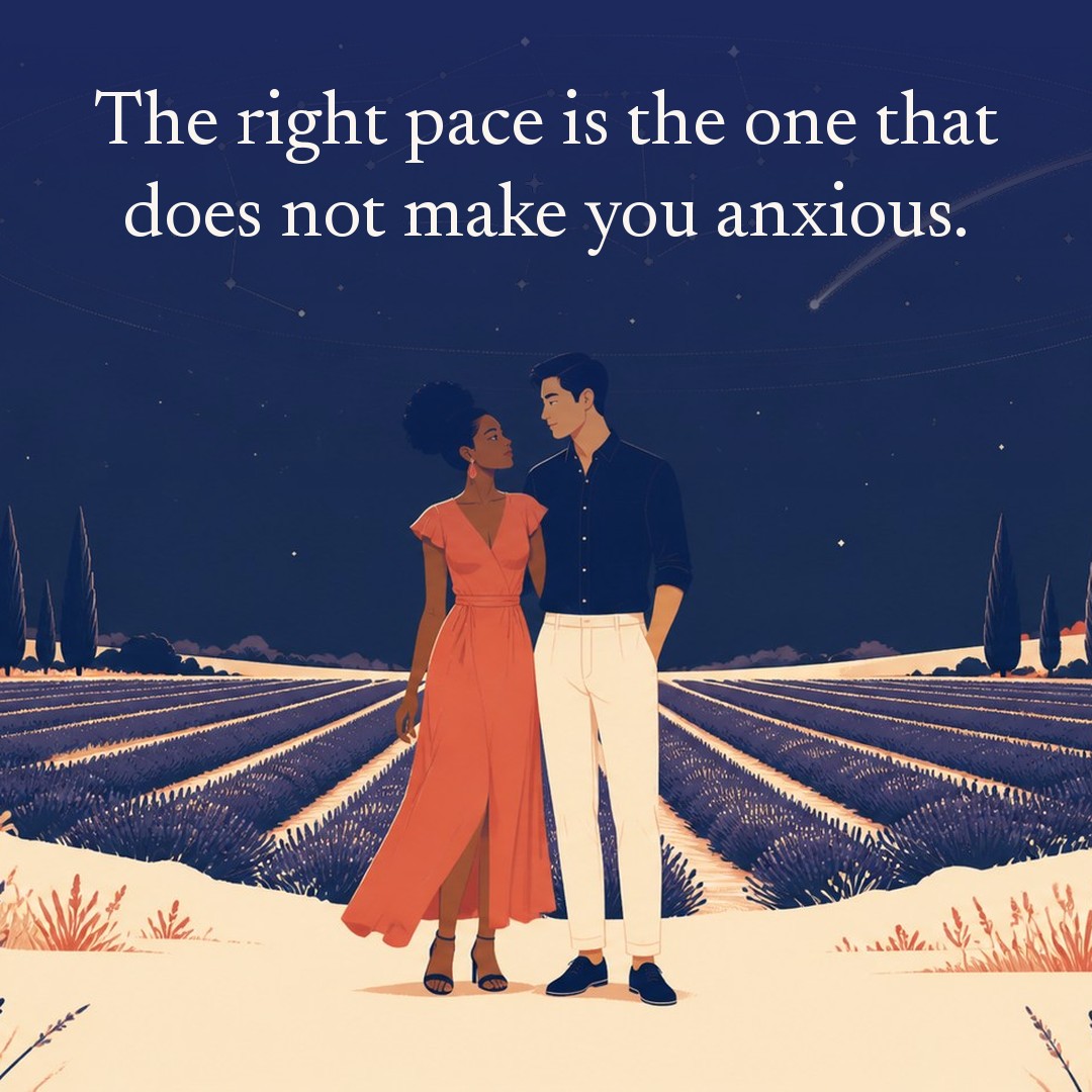 “The right pace is the one that does not make you anxious.” A couple, two adults at the edge of a lavender field in gentle rows at night, beneath a vast star field, delicate constellation lines, faint concentric orbital rings and one long comet arc across a deep navy night sky, with a crescent moon low at one side.