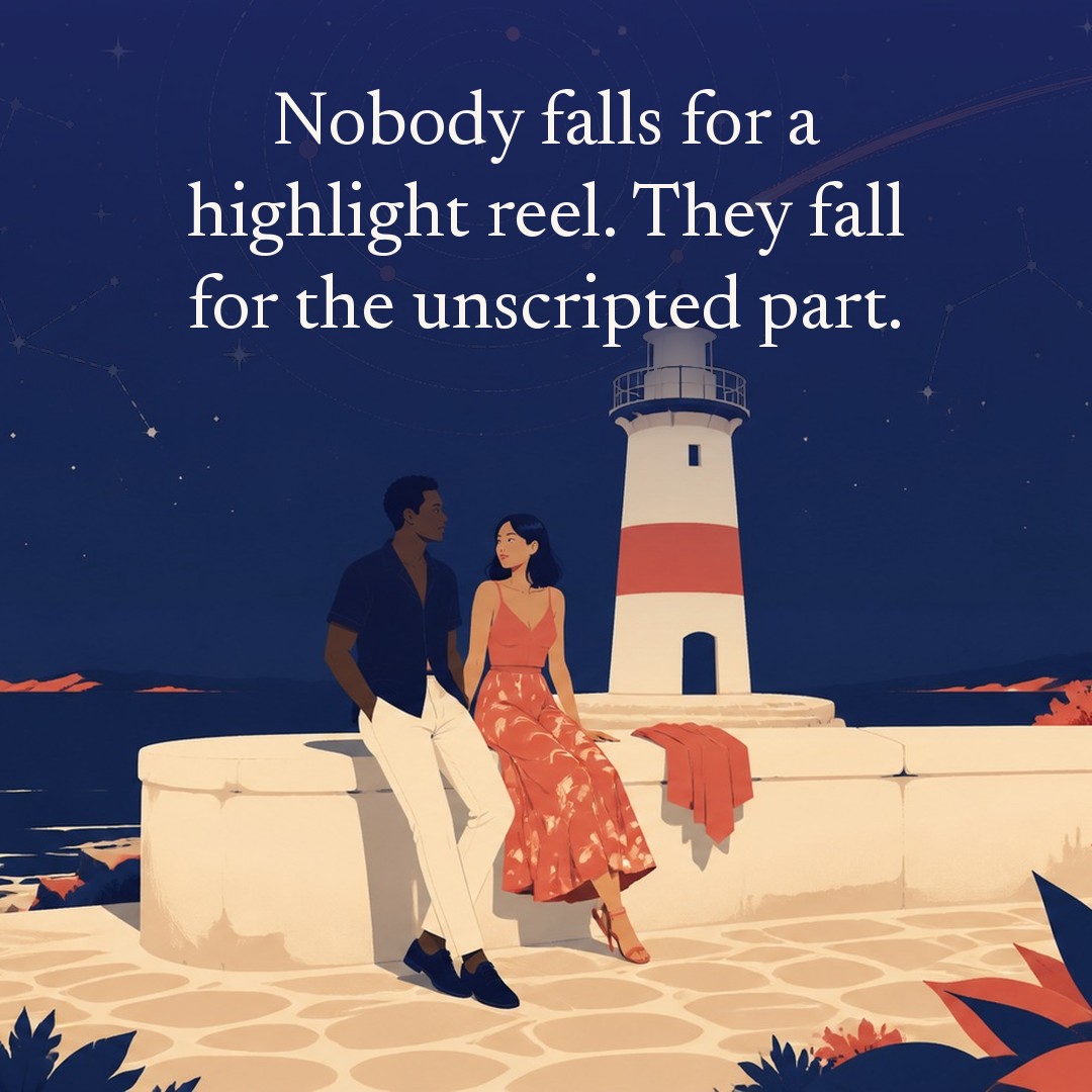 “Nobody falls for a highlight reel. They fall for the unscripted part.” A couple, two adults on a low sea wall beside a lighthouse base at night, beneath a vast star field, delicate constellation lines, faint concentric orbital rings and one long comet arc across a deep navy night sky, with a crescent moon low at one side.