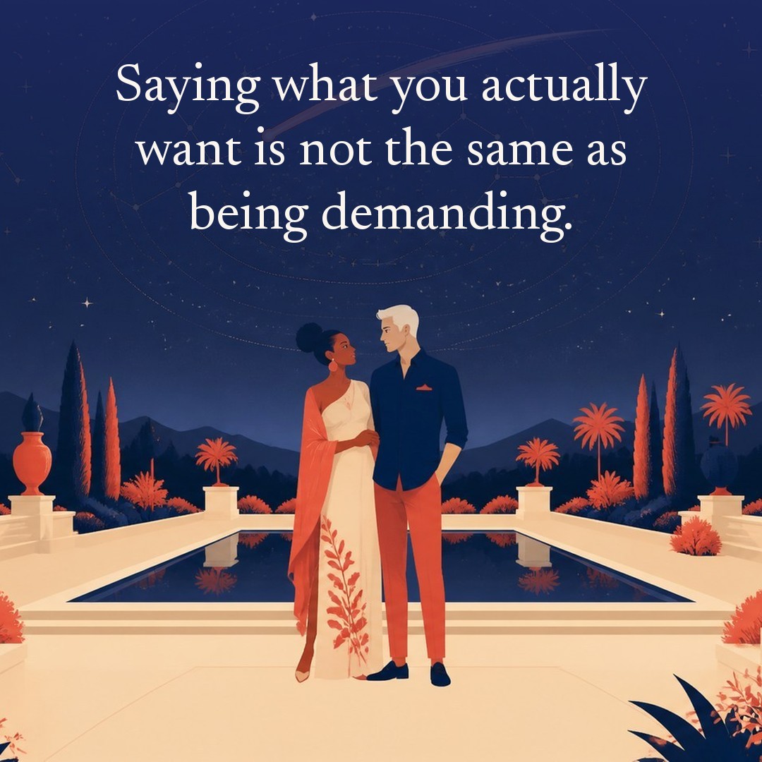 “Saying what you actually want is not the same as being demanding.” A couple, two adults in a courtyard garden with a single reflecting pool at night, beneath a vast star field, delicate constellation lines, faint concentric orbital rings and one long comet arc across a deep navy night sky, with a crescent moon low at one side.