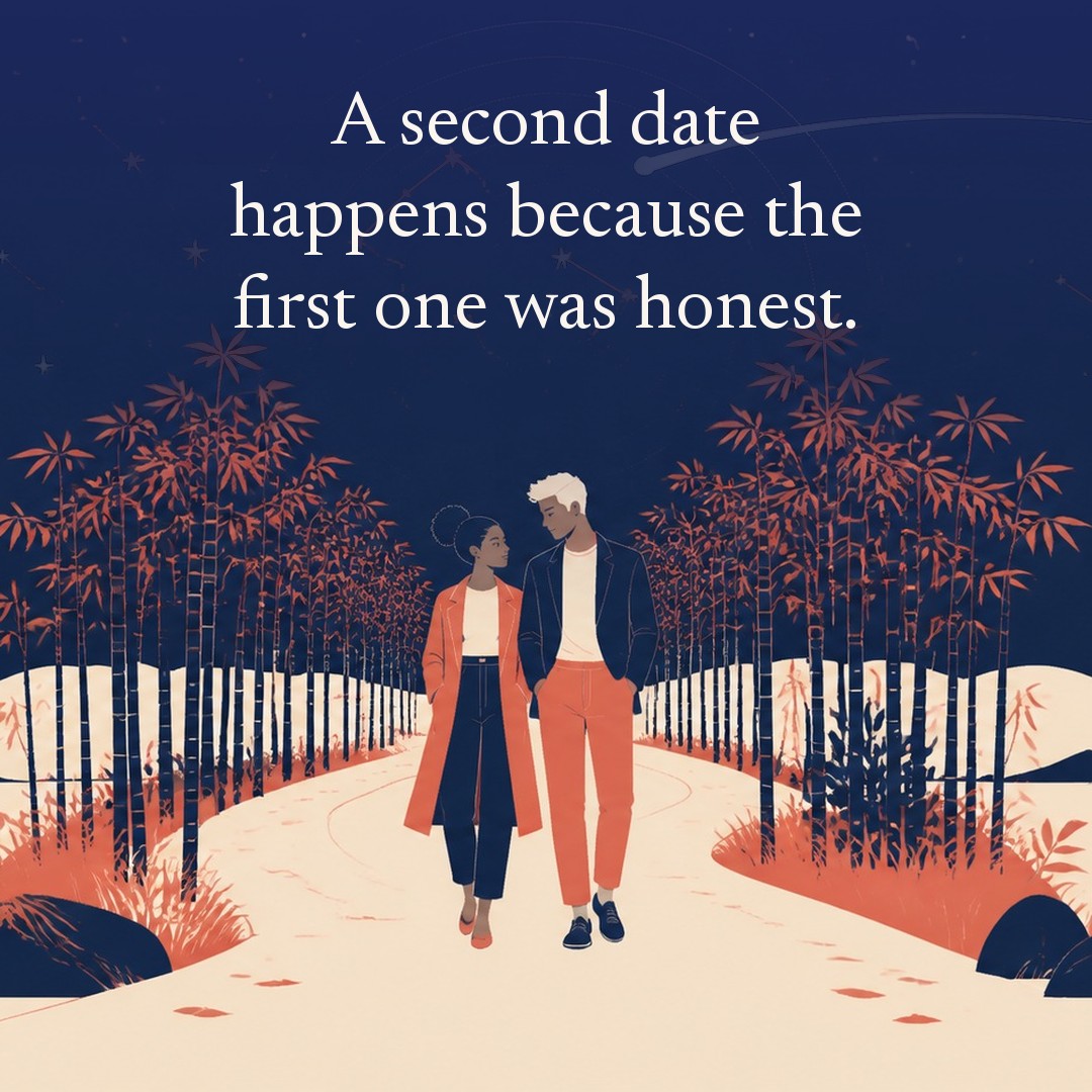 “A second date happens because the first one was honest.” A couple, two adults on a footpath through a bamboo grove at night, beneath a vast star field, delicate constellation lines, faint concentric orbital rings and one long comet arc across a deep navy night sky, with a crescent moon low at one side.