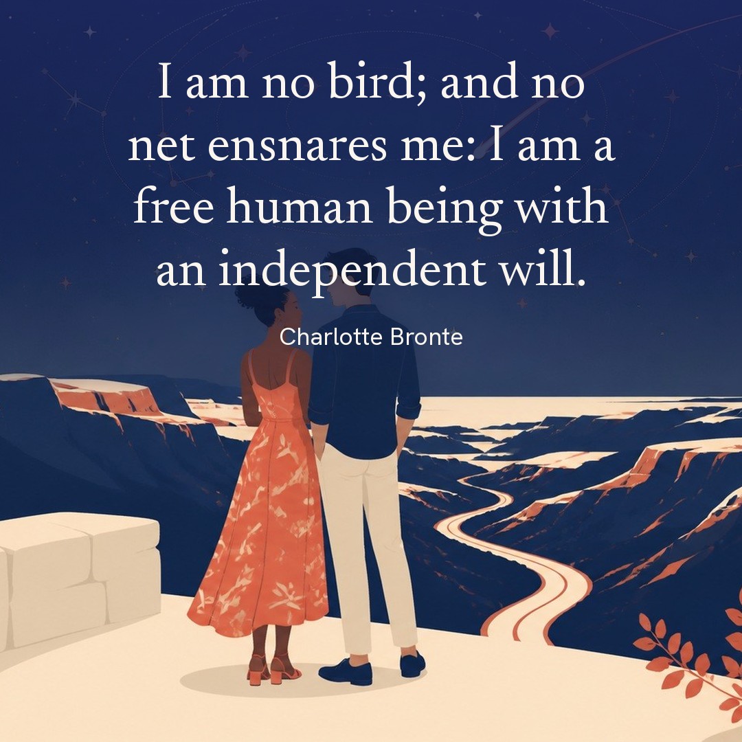 “I am no bird; and no net ensnares me: I am a free human being with an independent will.” A couple, two adults at a scenic pull-off above a winding canyon road at night, beneath a vast star field, delicate constellation lines, faint concentric orbital rings and one long comet arc across a deep navy night sky, with a crescent moon low at one side.