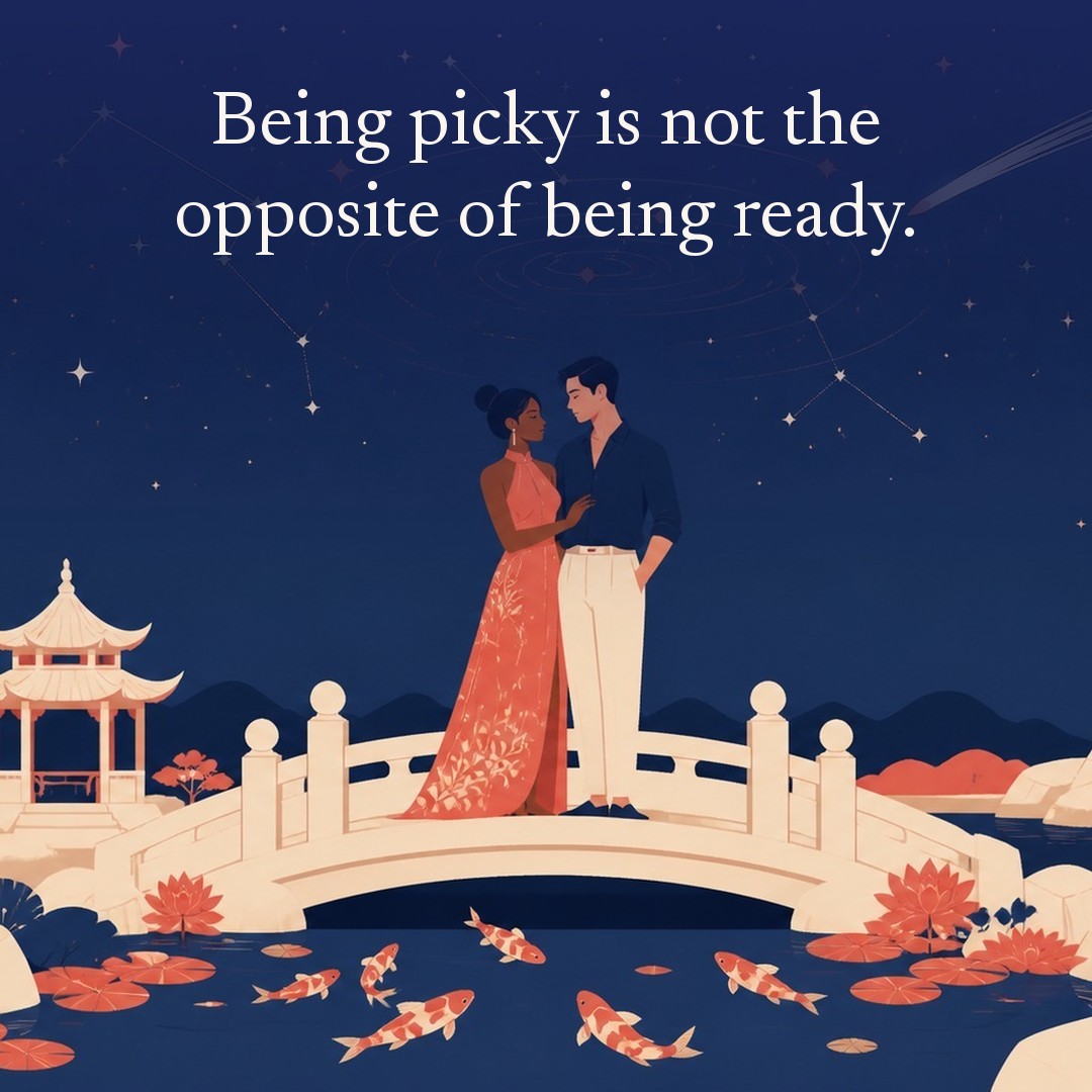 “Being picky is not the opposite of being ready.” A couple, two adults on a small stone bridge over a koi pond at night, beneath a vast star field, delicate constellation lines, faint concentric orbital rings and one long comet arc across a deep navy night sky, with a crescent moon low at one side.