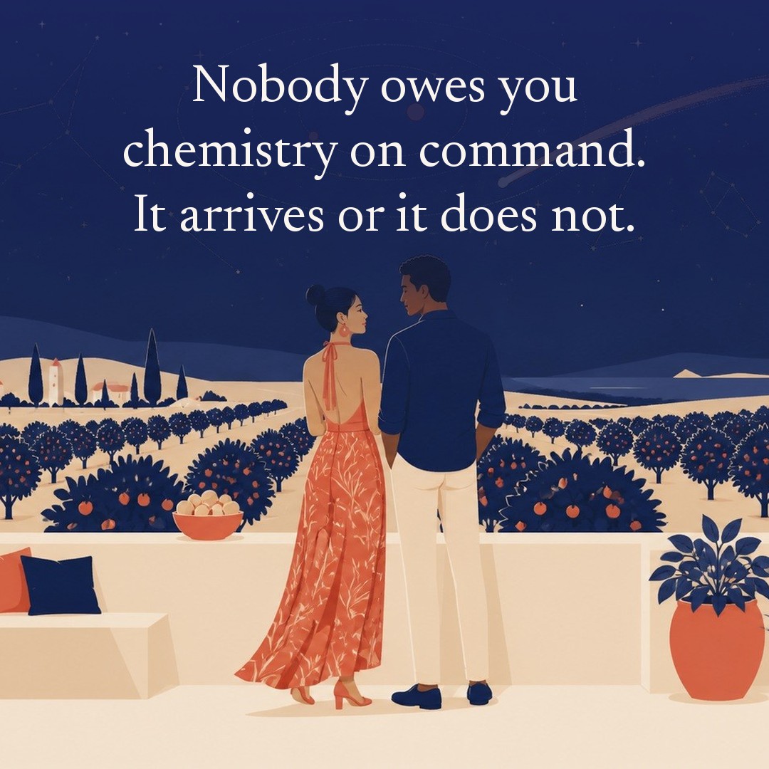 “Nobody owes you chemistry on command. It arrives or it does not.” A couple, two adults on a terrace above a citrus orchard at night, beneath a vast star field, delicate constellation lines, faint concentric orbital rings and one long comet arc across a deep navy night sky, with a crescent moon low at one side.