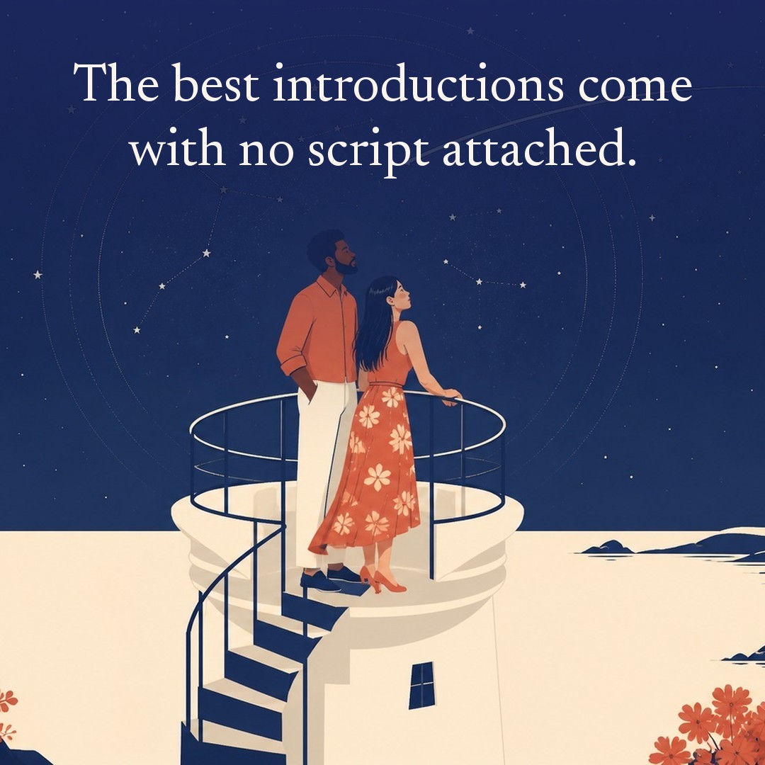“The best introductions come with no script attached.” A couple, two adults at the top of a lighthouse spiral stair landing, open railing at night, beneath a vast star field, delicate constellation lines, faint concentric orbital rings and one long comet arc across a deep navy night sky, with a crescent moon low at one side.