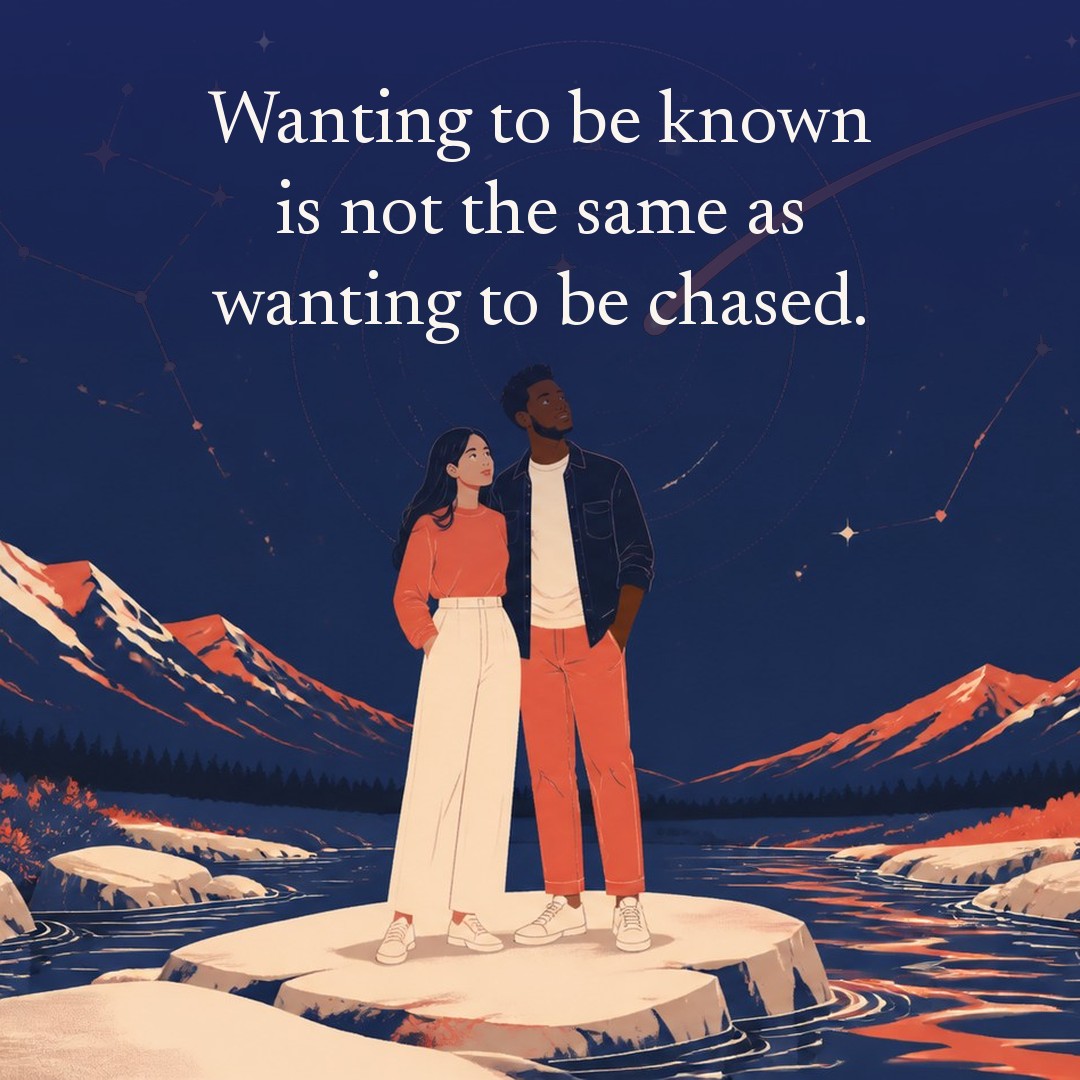 “Wanting to be known is not the same as wanting to be chased.” A couple, two adults on a wide flat rock beside a mountain stream at night, beneath a vast star field, delicate constellation lines, faint concentric orbital rings and one long comet arc across a deep navy night sky, with a crescent moon low at one side.